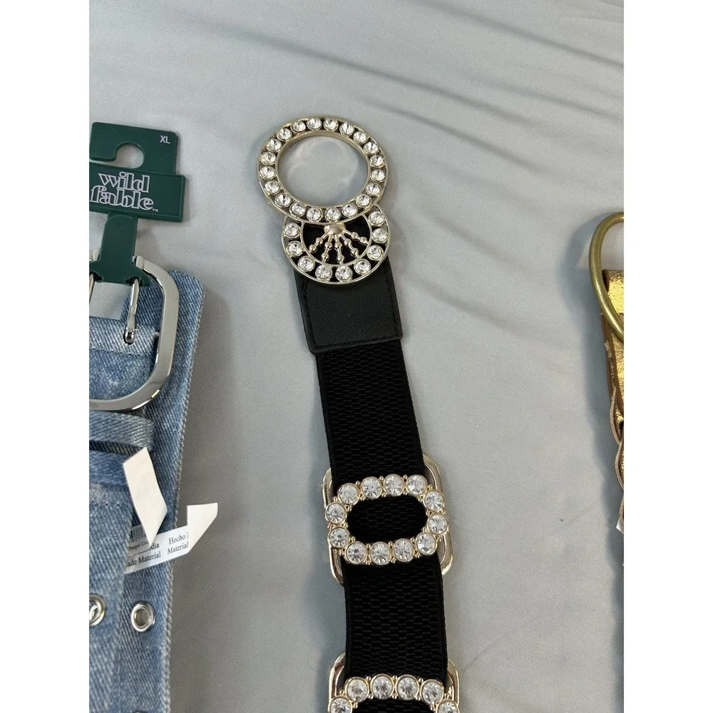 Womens Belt Lot 3 Rhinestone Stretch‎ Denim Grommet Gold Braided Boho
